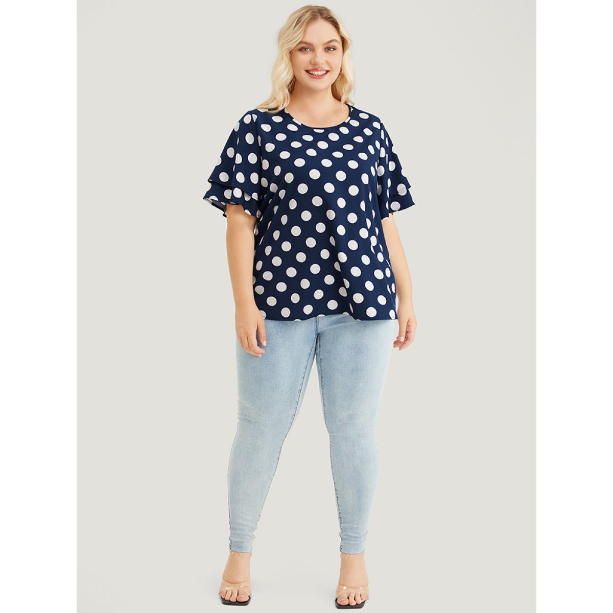 Plus Size Indigo Polka Dot Ruffle Tiered Sleeve Blouse Women Office Short sleeve Round Neck Office Blouses BloomChic 10/M Product Image