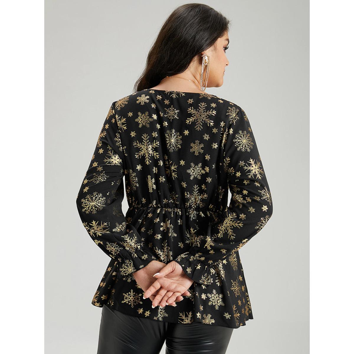 Plus Size Black Glitter Snowflake Elastic Waist Ruched Wrap Blouse Women Cocktail Long Sleeve Overlap Collar Party Blouses BloomChic 14-16/1X Product Image
