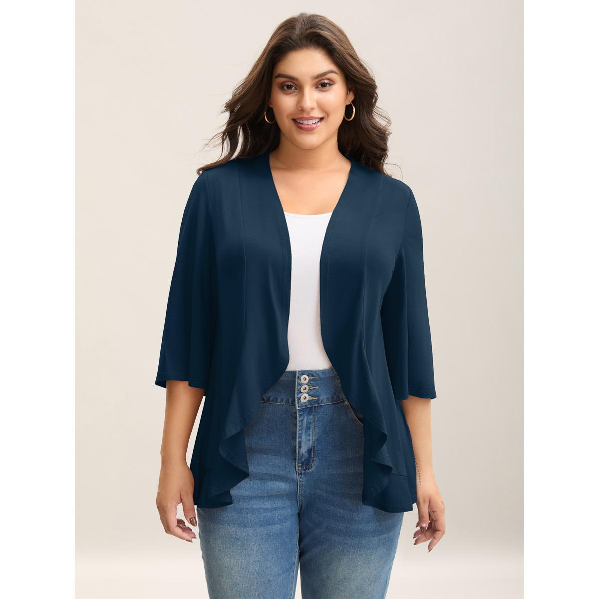 Plus Size Lotus Hem Curvy Kimono Cover-Up Women Cyan Leisure Ruffles Casual Kimonos BloomChic 12/L Product Image