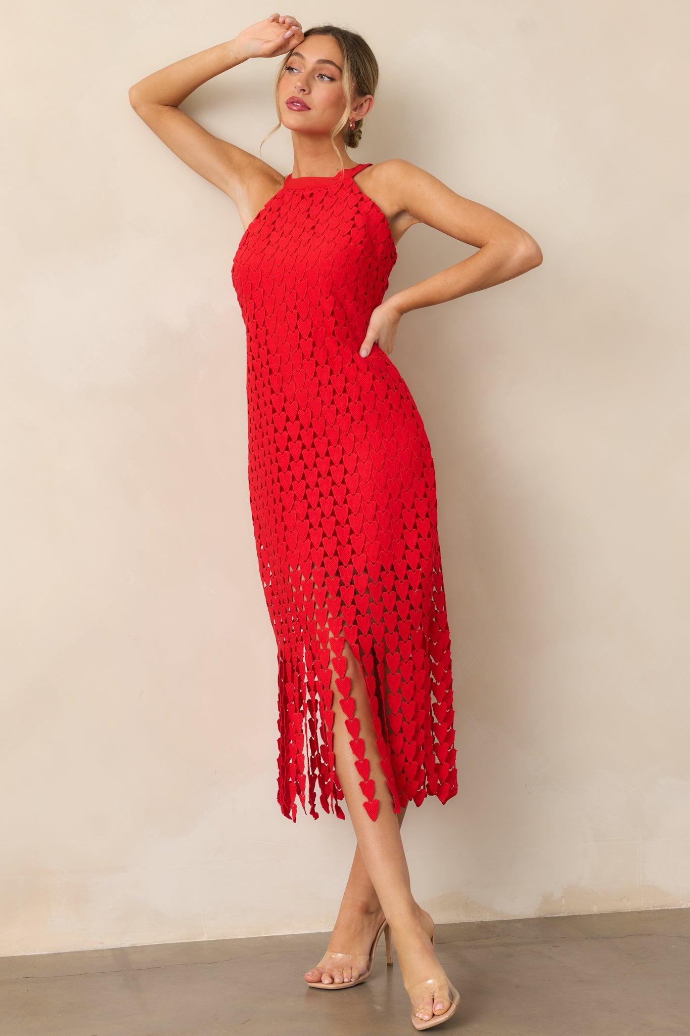 Heart On Display Red Heart Lace Midi Dress Product Image
