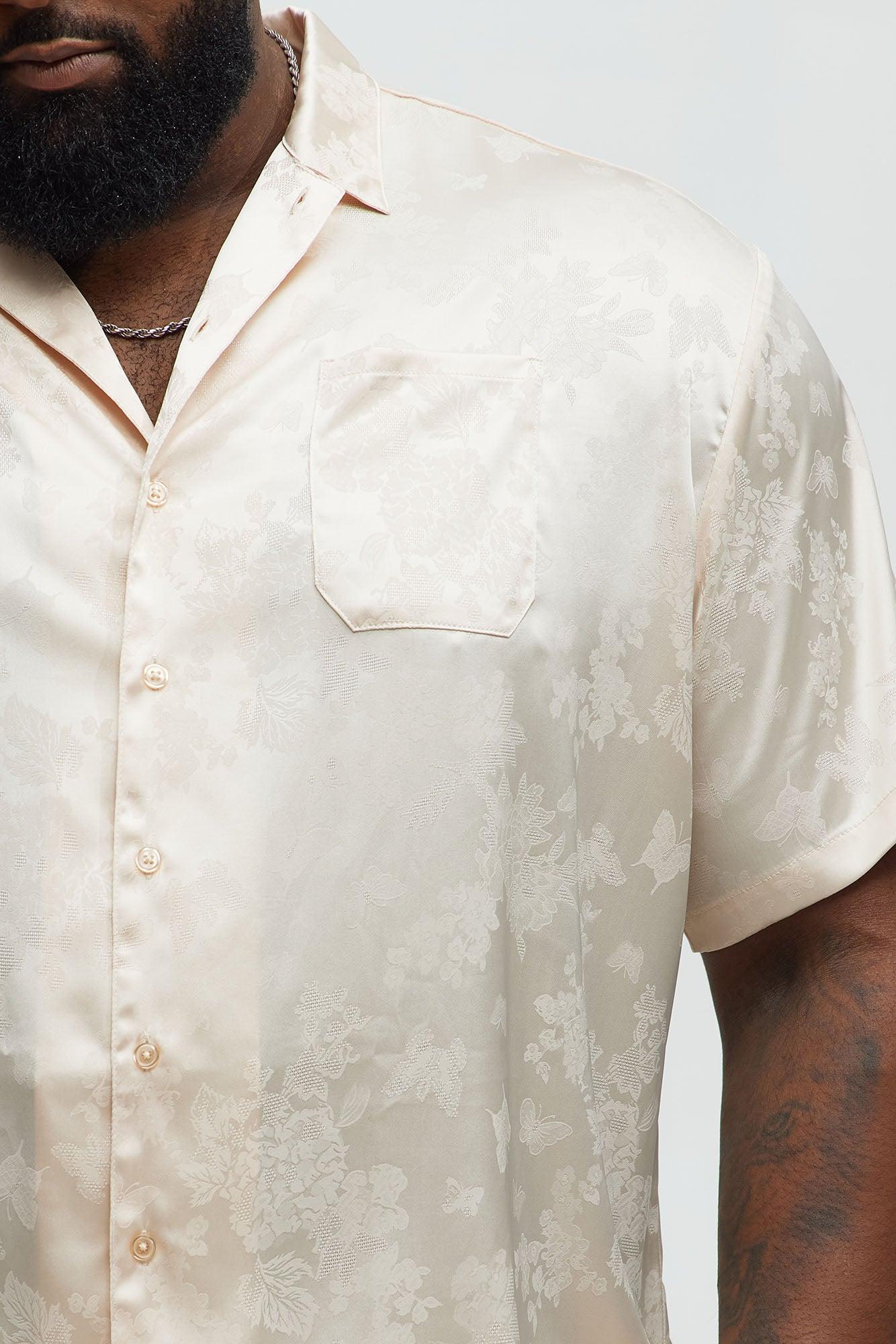 Satin Butterflies Short Sleeve Button Up Shirt - Ivory Male Product Image