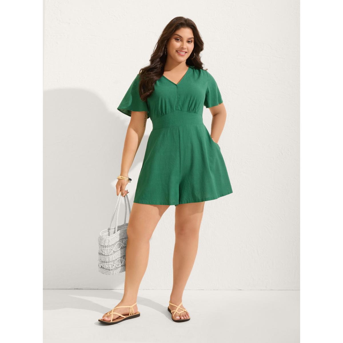 Plus Size DarkGreen Cinched-Waist V-Neck Solid Romper Women Short sleeve Non Vacation Loose Jumpsuits BloomChic 14-16/1X Product Image