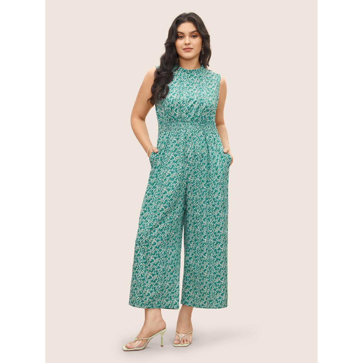 Plus Size Emerald Ditsy Floral Mock Neck Shirred Jumpsuit Women Timeless Sleeveless Mock Neck Elegant Loose Jumpsuits BloomChic 18-20/2X Product Image