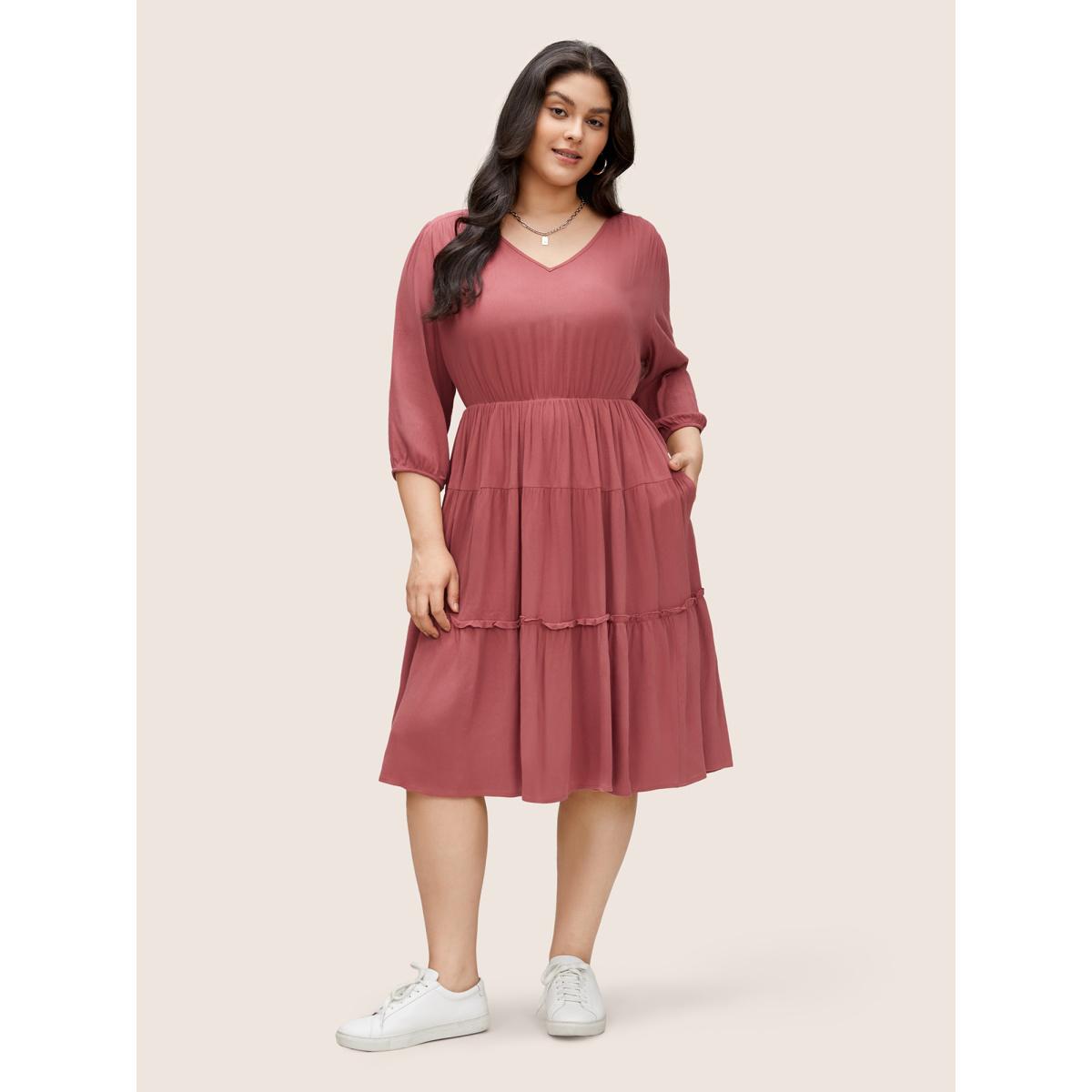 Plus Size Solid Frill Trim Crinkled Ruffle Layered Hem Dress Russet Women Casual Non V-neck Elbow-length sleeve Curvy Midi Dress BloomChic 10/M Product Image