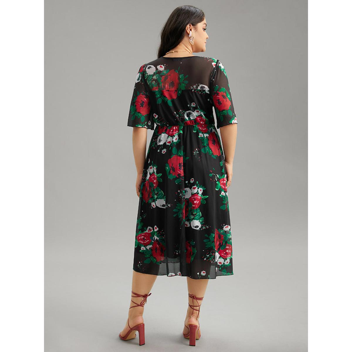 Plus Size Floral Mesh Patchwork Elastic Waist Dress Black Women Cocktail See through V-neck Half Sleeve Curvy Midi Dress BloomChic 10/M Product Image