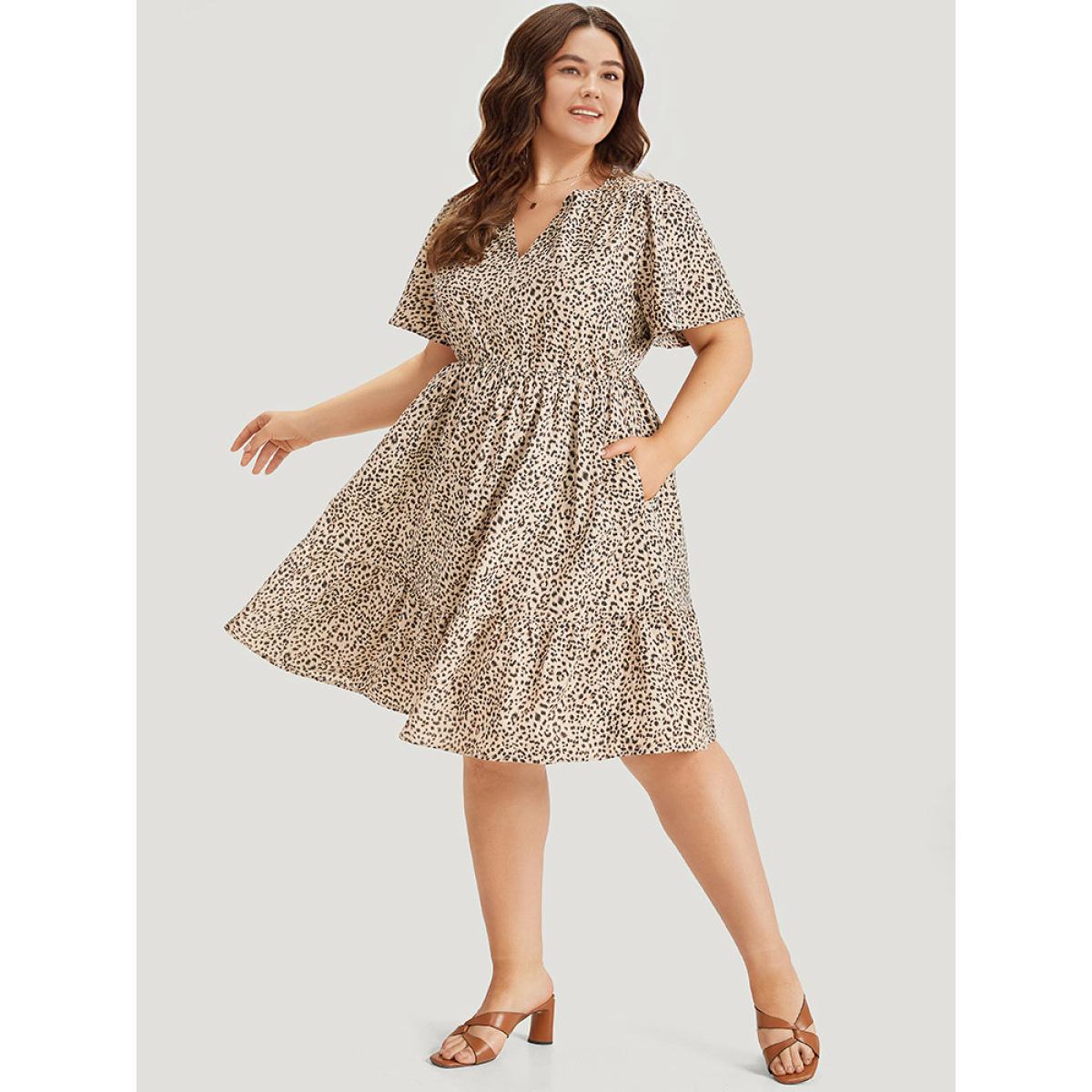 Plus Size Leopard Notched Pocket Gathered Ruffle Layered Hem Dress LightBrown Women Elegant Notched collar Short sleeve Curvy Knee Dress BloomChic 10/M Product Image