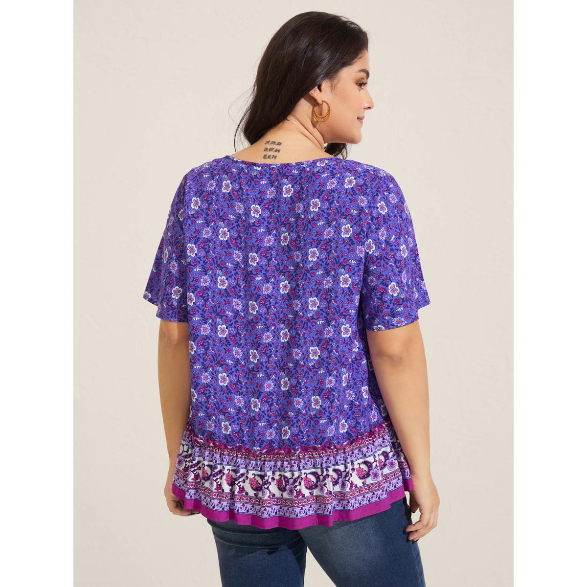 Plus Size BlueViolet Boho Floral Print Neck Tie Blouse Women Boho Short sleeve Notched collar Vacation Blouses BloomChic 14-16/1X Product Image