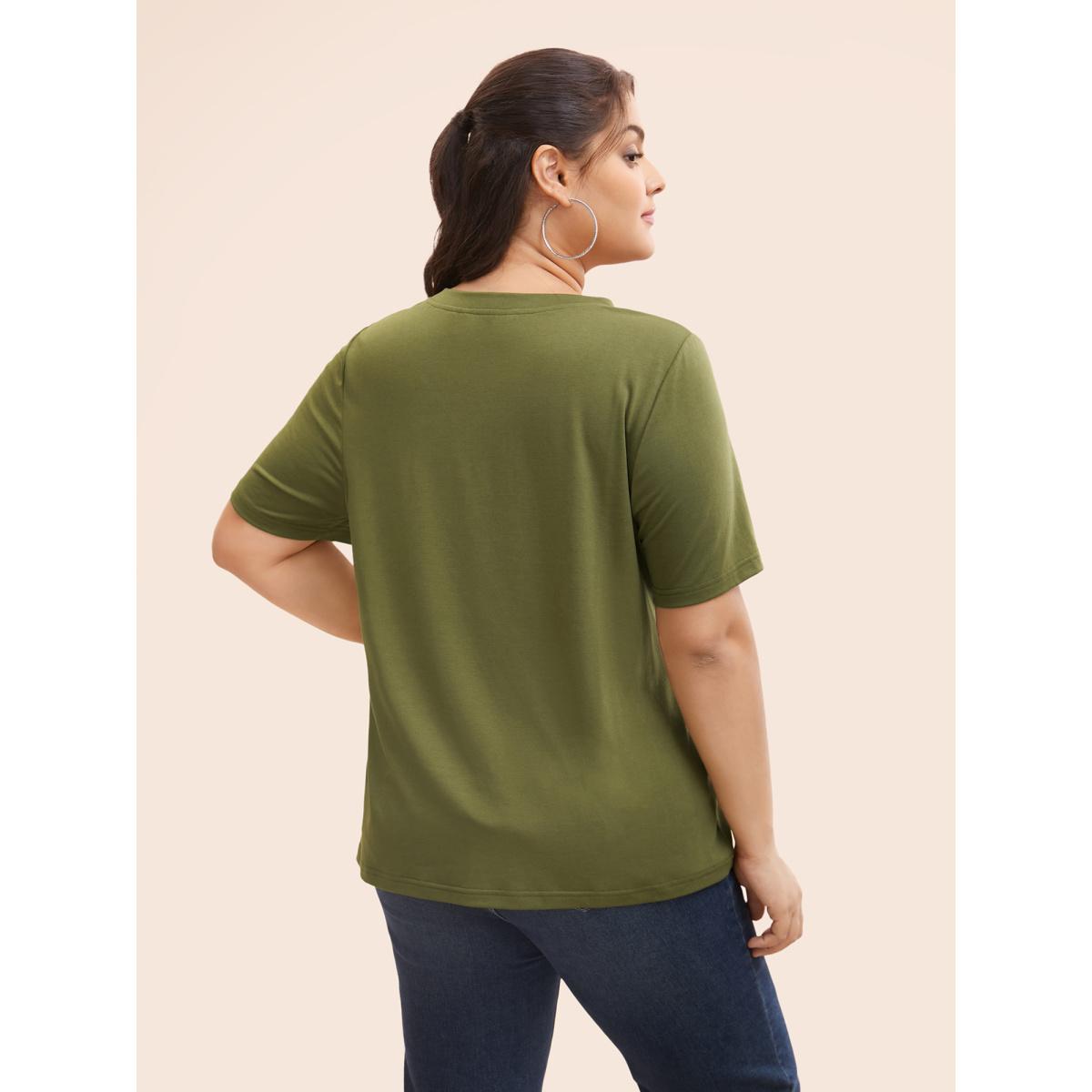 Plus Size V Neck Pleated Stretchy T-shirt ArmyGreen Women Casual Pleated V-neck Everyday T-shirts BloomChic 14-16/1X Product Image