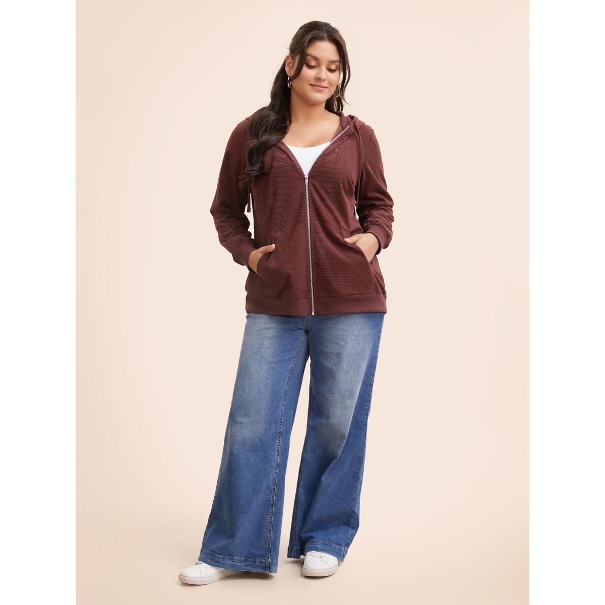 Plus Size Solid Corduroy Hooded Drawstring Sweatshirt Women Scarlet Casual Texture Hooded Everyday Sweatshirts BloomChic 14-16/1X Product Image