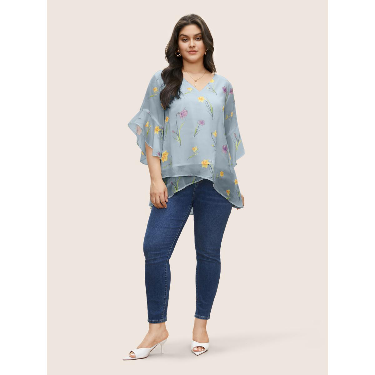 Plus Size Stone Floral Tiered Mesh Asymmetrical Hem Blouse Women Elegant Everyday Blouses BloomChic 28/5X Product Image