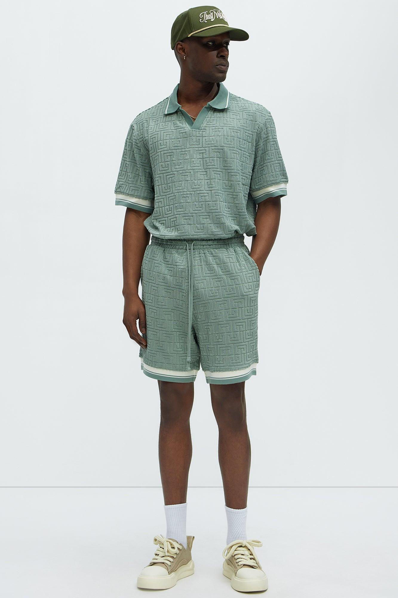 Grecian Textured Johnny Collar Polo Shirt - Sage Product Image