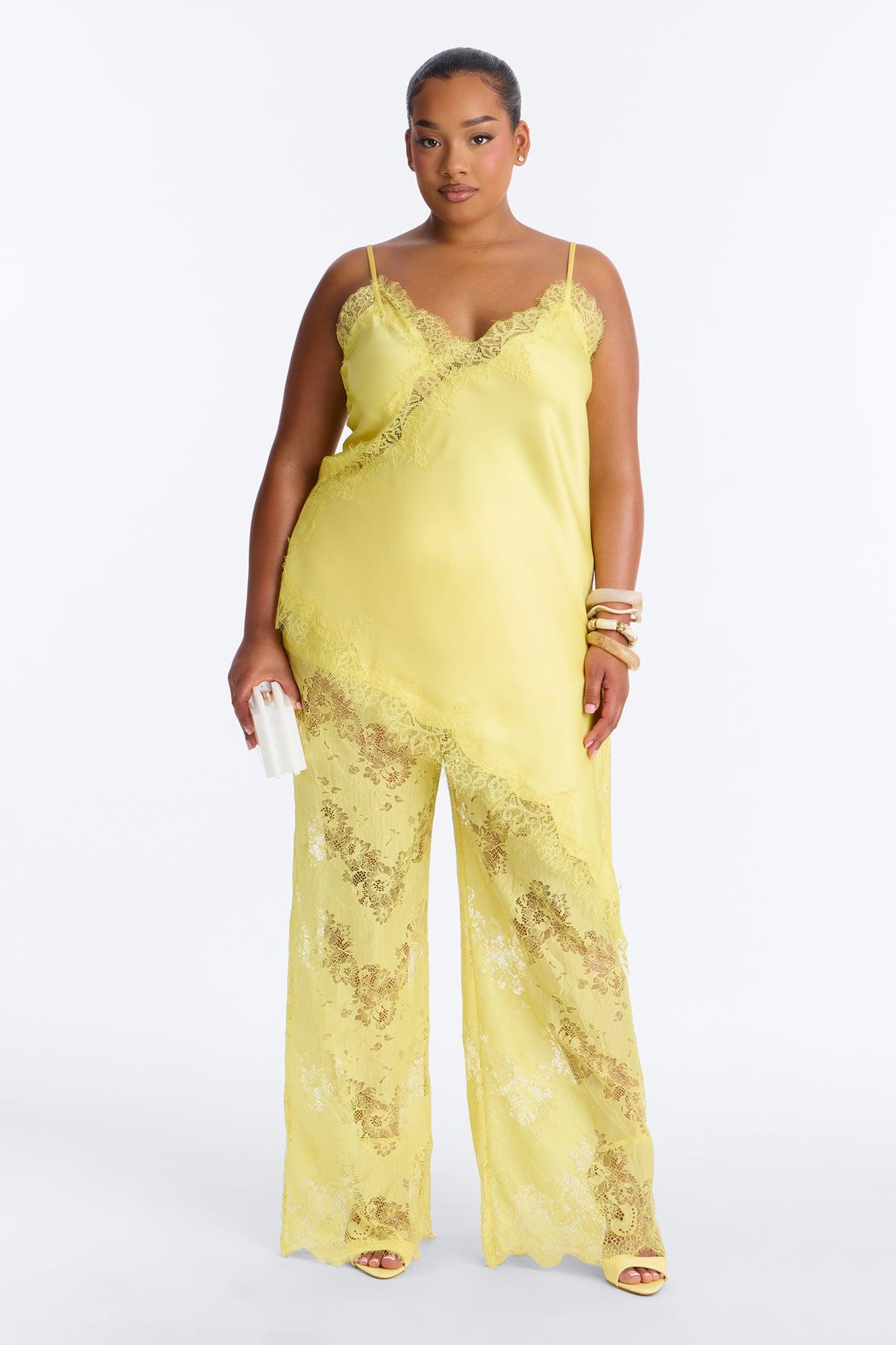 Yasmin Satin Lace Pant Set - Yellow Female Product Image