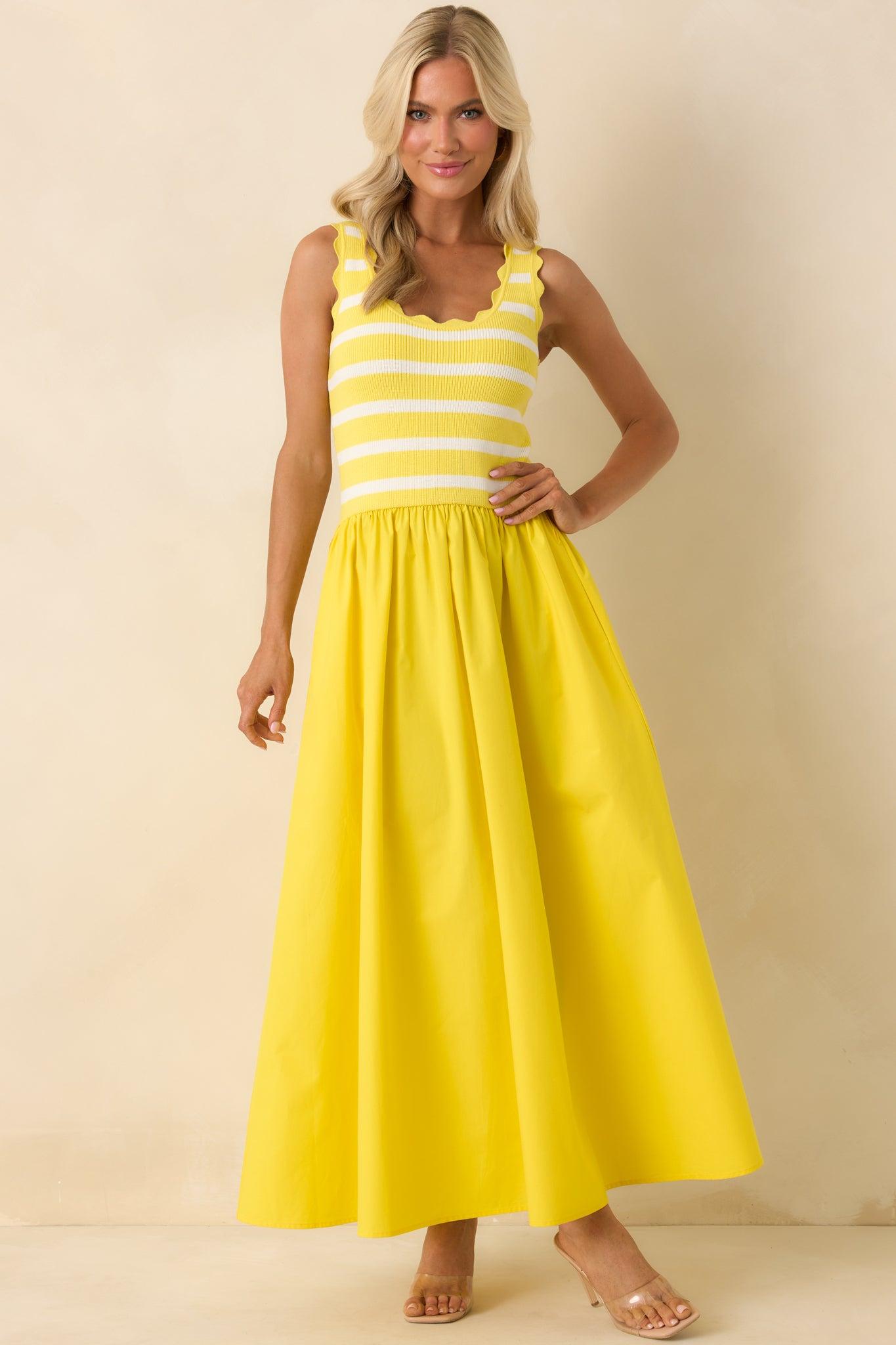 Prosperina Greer Sunshine Yellow Stripe Cotton Midi Dress Product Image