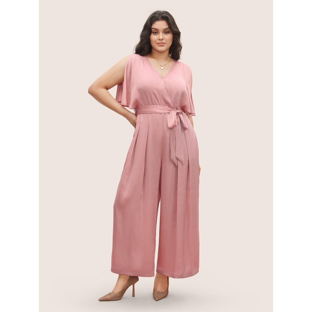 Plus Size Rouge Plain Wrap Pleated Sleeveless Jumpsuit Women Elegant Sleeveless Overlap Collar Everyday Loose Jumpsuits BloomChic 12/L Product Image