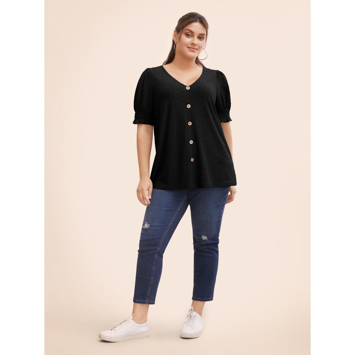 Plus Size Plain Broderie Anglaise Shirred Puff Sleeve Button Detail T-shirt Black Women Casual Button Plain V-neck Everyday T-shirts BloomChic 28/5X Product Image