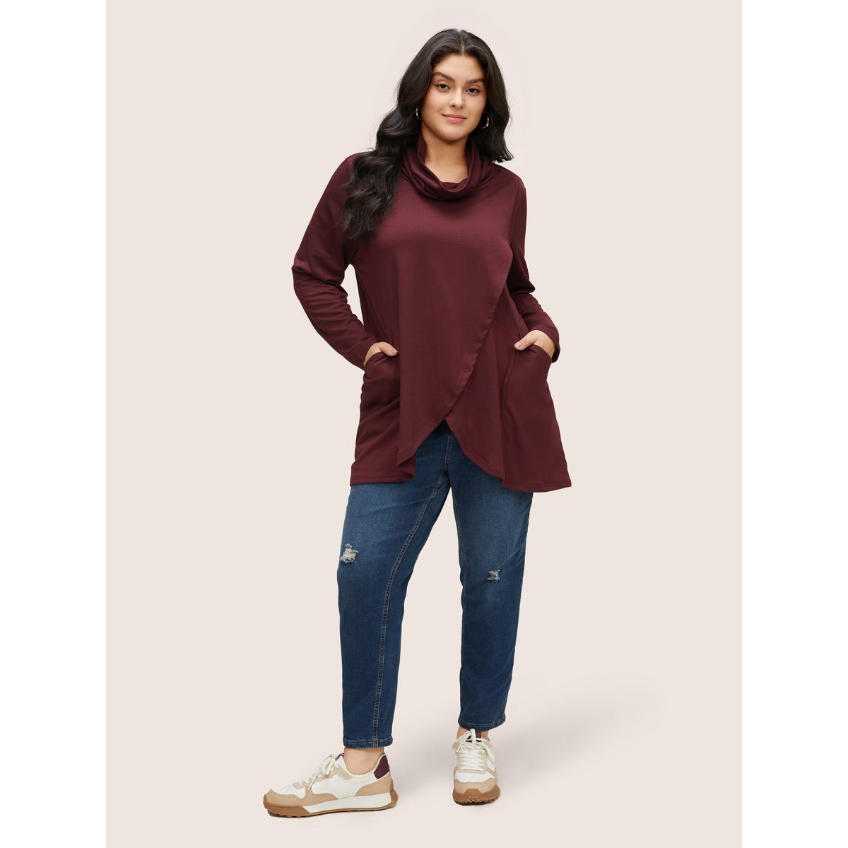 Plus Size Solid Turtleneck Pocket Wrap Hem Sweatshirt Women Burgundy Casual Non Turtleneck Everyday Sweatshirts BloomChic 10/M Product Image