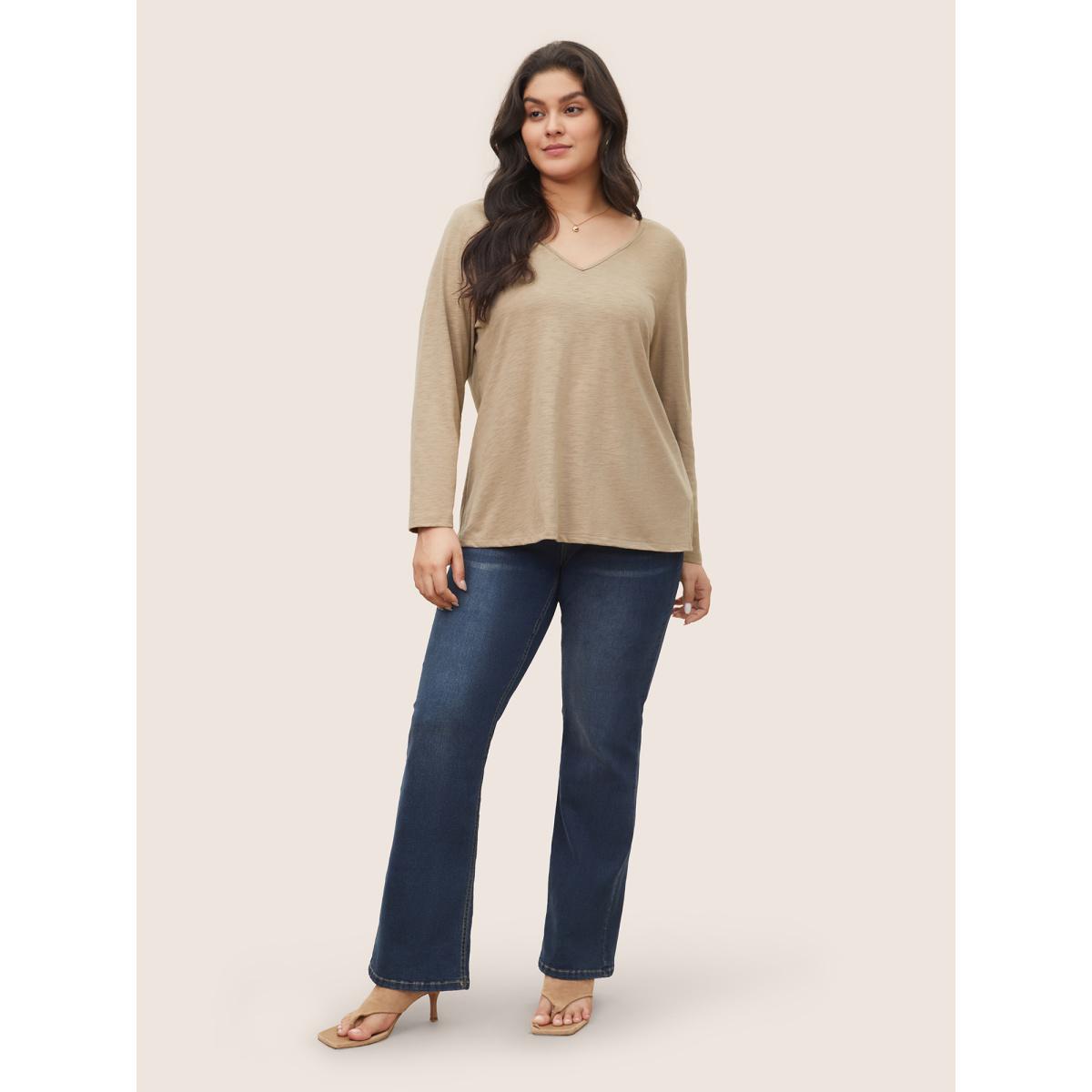 Plus Size Plain Heather Lace Mesh Patchwork T-shirt Tan Women Elegant Non Plain V-neck Everyday T-shirts BloomChic 28/5X Product Image