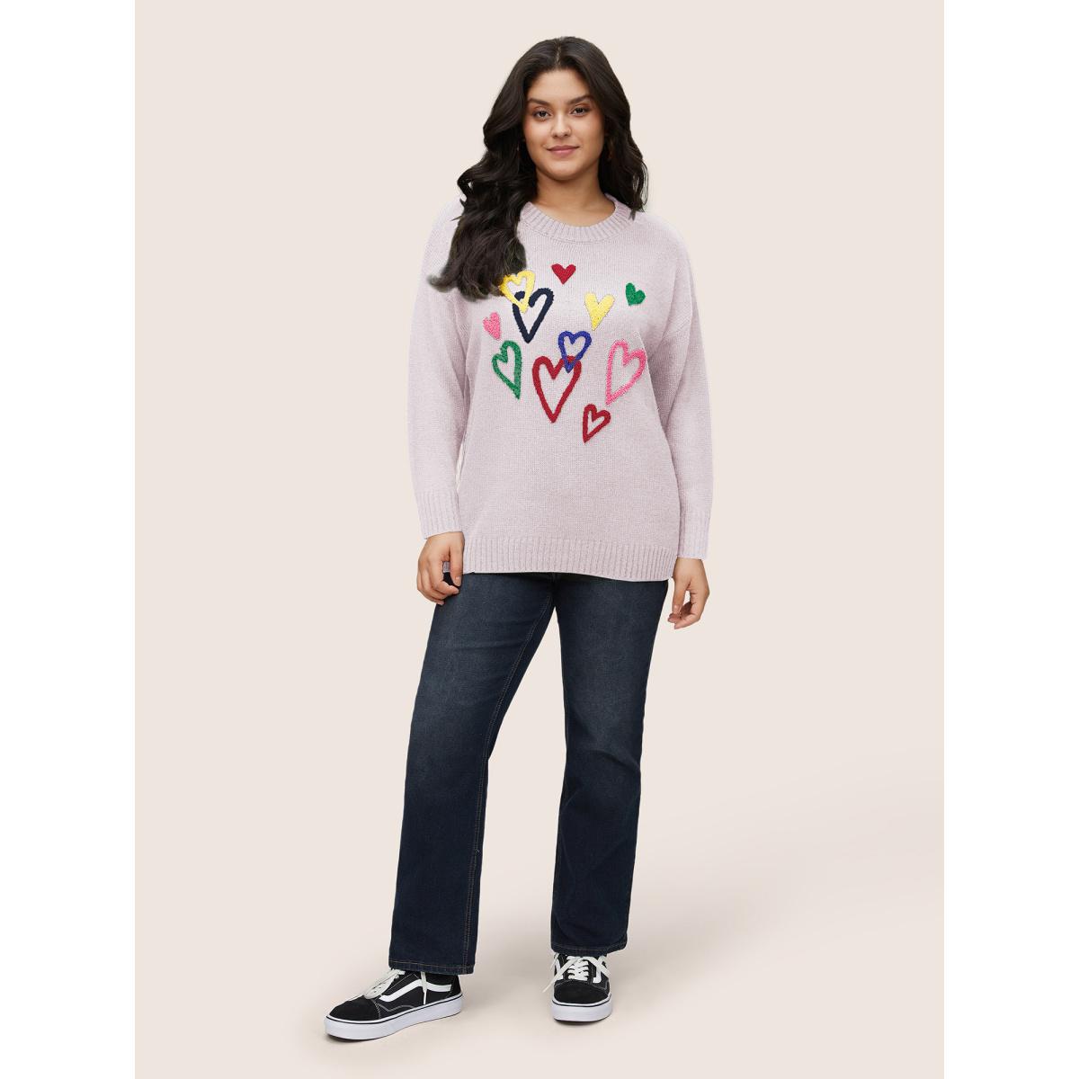 Plus Size Heart Towel Embroidered Crew Neck Pullover Lilac Women Casual Loose Long Sleeve Round Neck Dailywear Pullovers BloomChic 14-16/1X Product Image