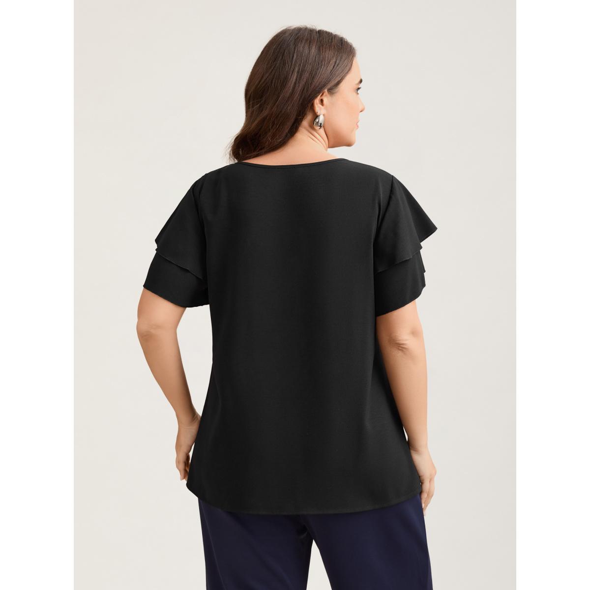 Plus Size Black Toothpick Pleat Layered Flutter Sleeve Blouse Women Office Short sleeve Round Neck Office Blouses BloomChic 22-24/3X Product Image