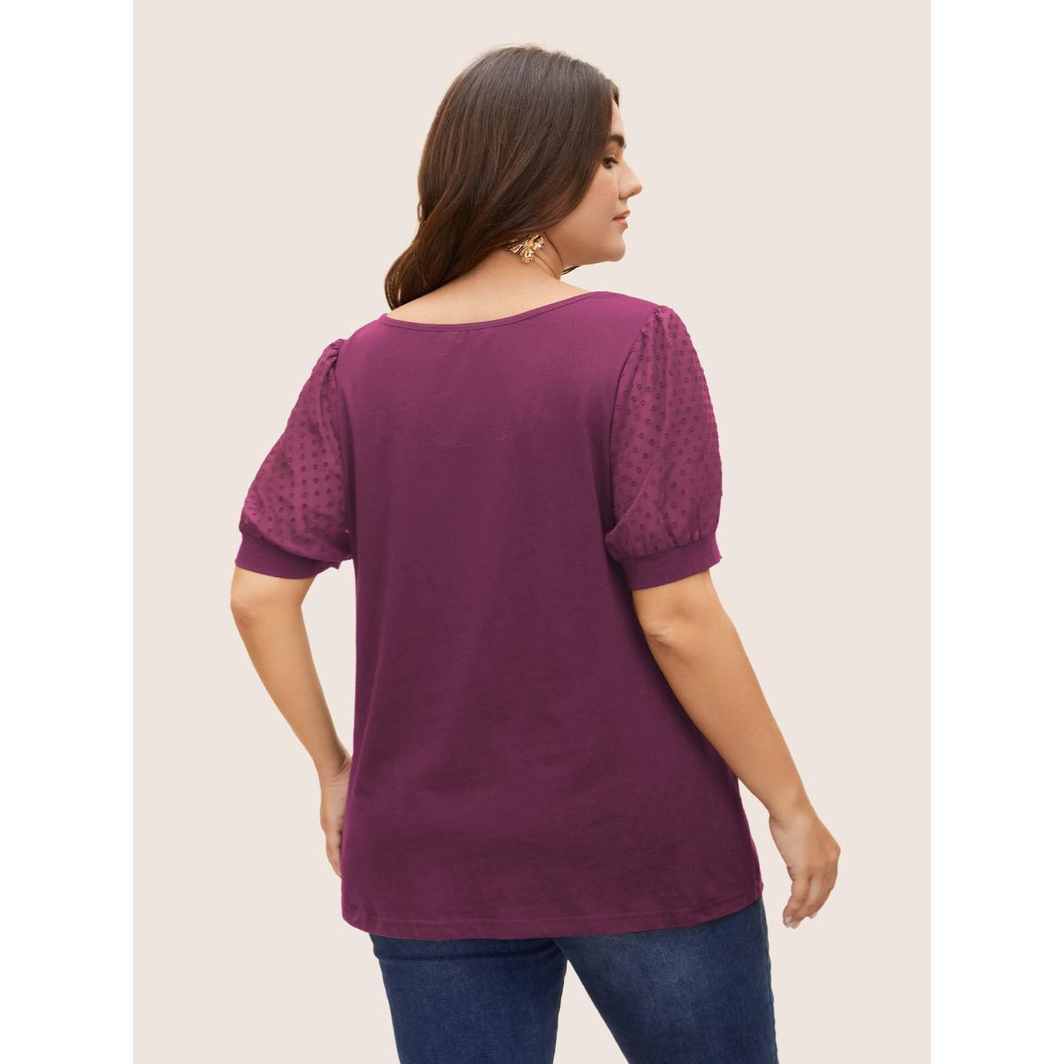 Plus Size Jacquard Decor Cotton Top RedViolet Women Elegant See through Square Neck Everyday T-shirts BloomChic 14-16/1X Product Image
