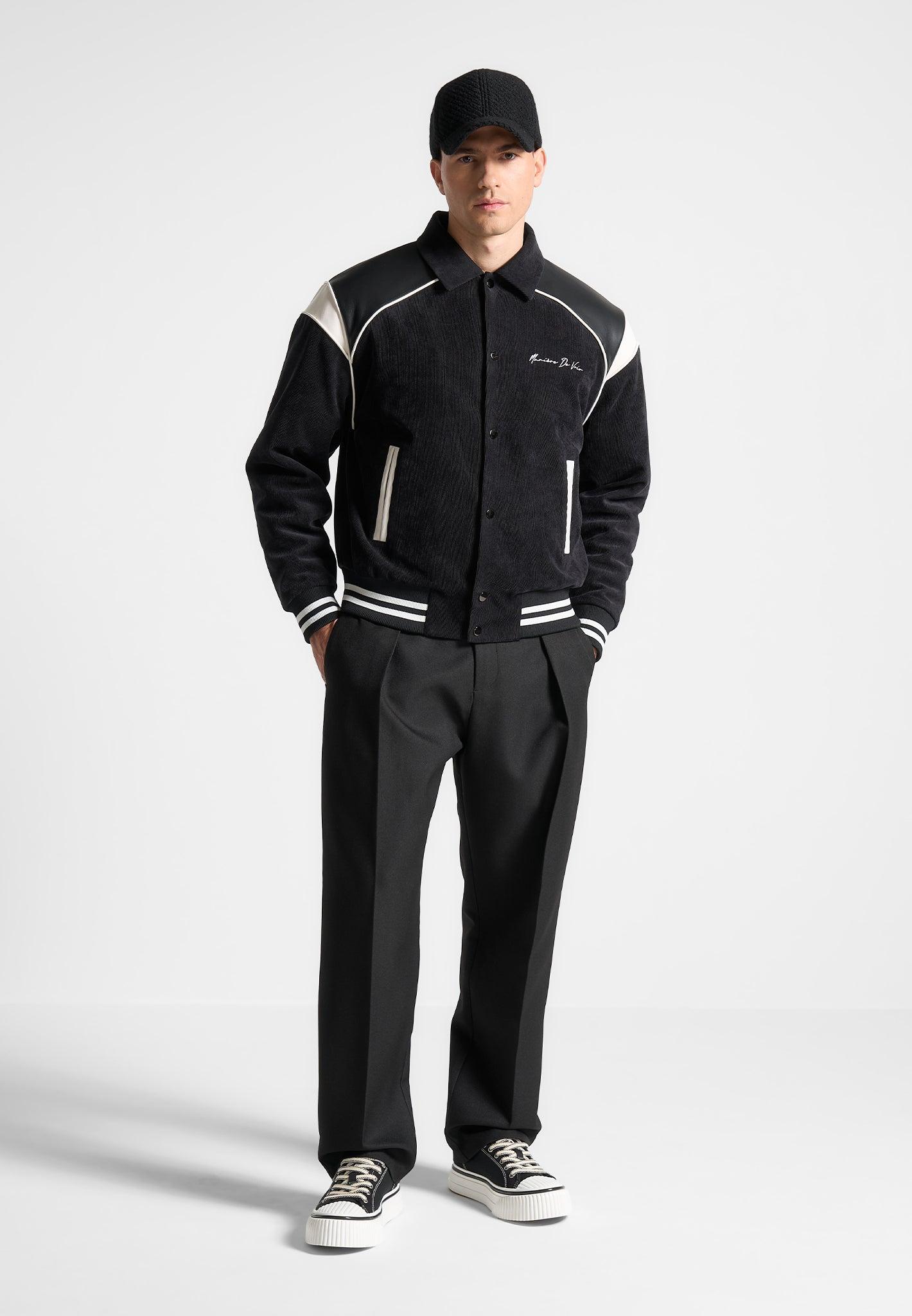 Raglan Corduroy Eiffel Varsity Jacket - Black Male Product Image