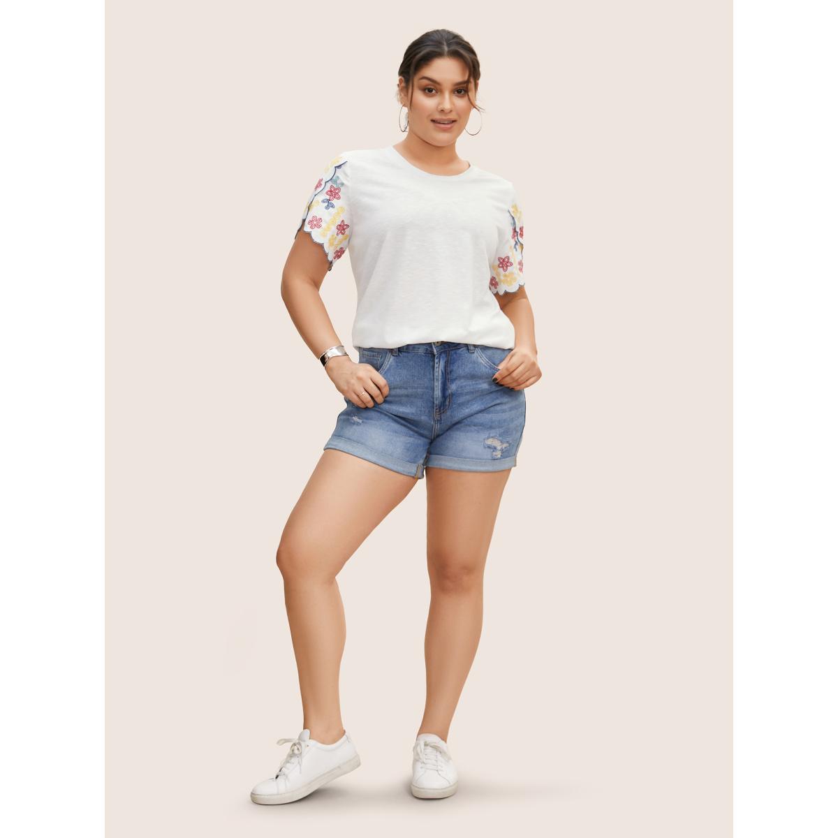 Plus Size Contrast Floral Embroidered Petal Sleeve T-shirt WhiteSmoke Women Casual Petal edge Round Neck Everyday T-shirts BloomChic 22-24/3X Product Image