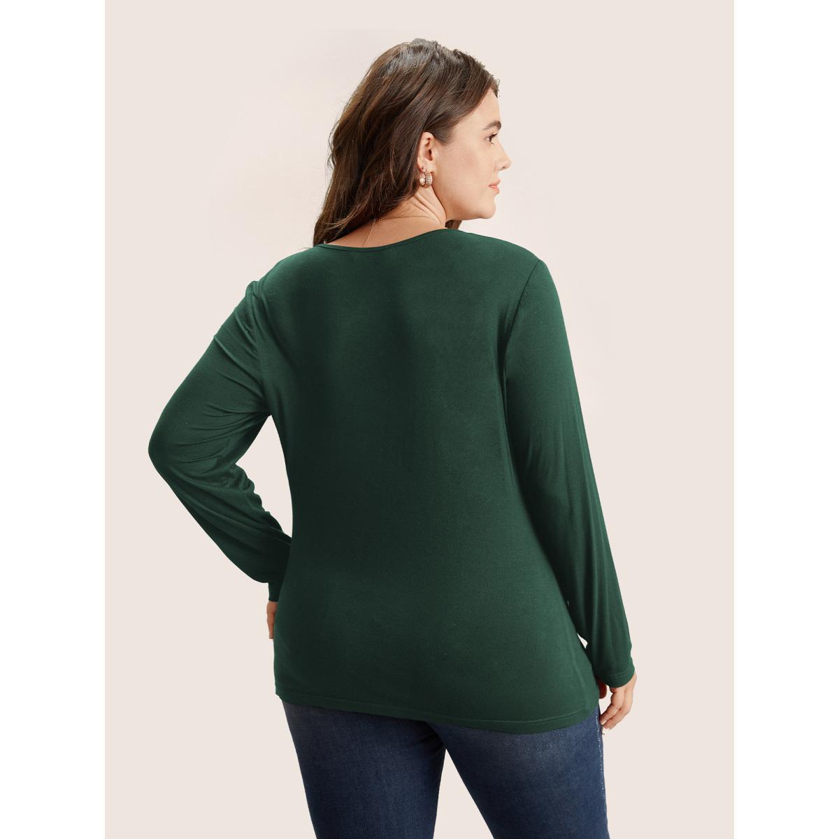 Plus Size Solid Asymmetrical Neck Knit T-shirt DarkGreen Women Elegant Non Plain Everyday T-shirts BloomChic 28/5X Product Image