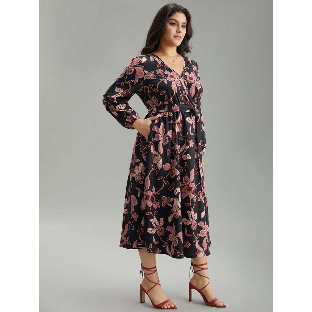 Plus Size Floral Lantern Sleeve Belted Overlap Collar Dress Black Women Elegant Elastic cuffs Overlap Collar Long Sleeve Curvy Midi Dress BloomChic 22-24/3X Product Image