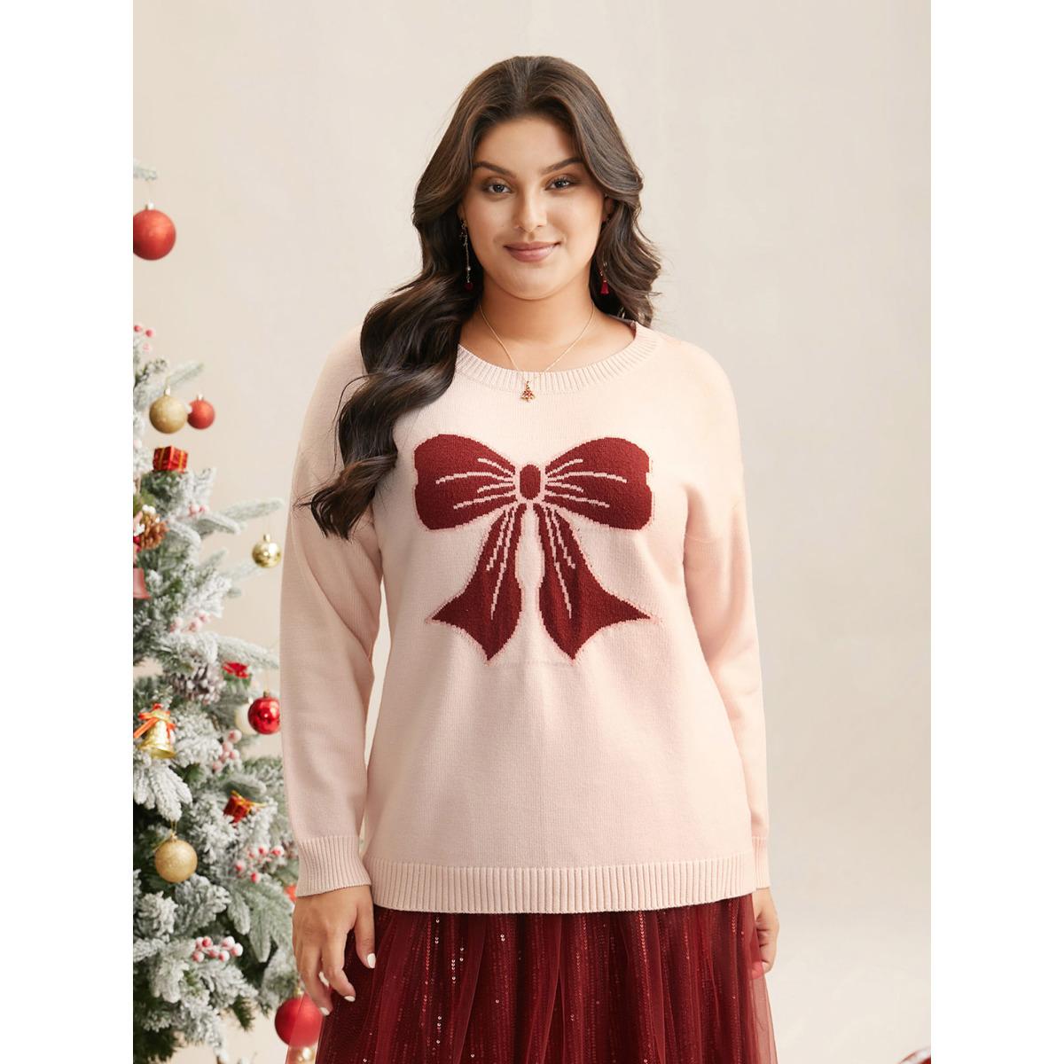 Plus Size Embroidered Bow Tie Drop Shoulder Pullover MistyRose Women Playful Loose Long Sleeve Round Neck Casual Pullovers BloomChic 30/6X Product Image