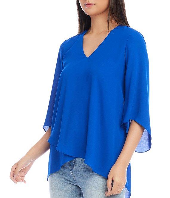 Karen Kane Silky Crepe V-Neck 3/4 Flutter Sleeve Asymmetric Crossover Hem Top Product Image