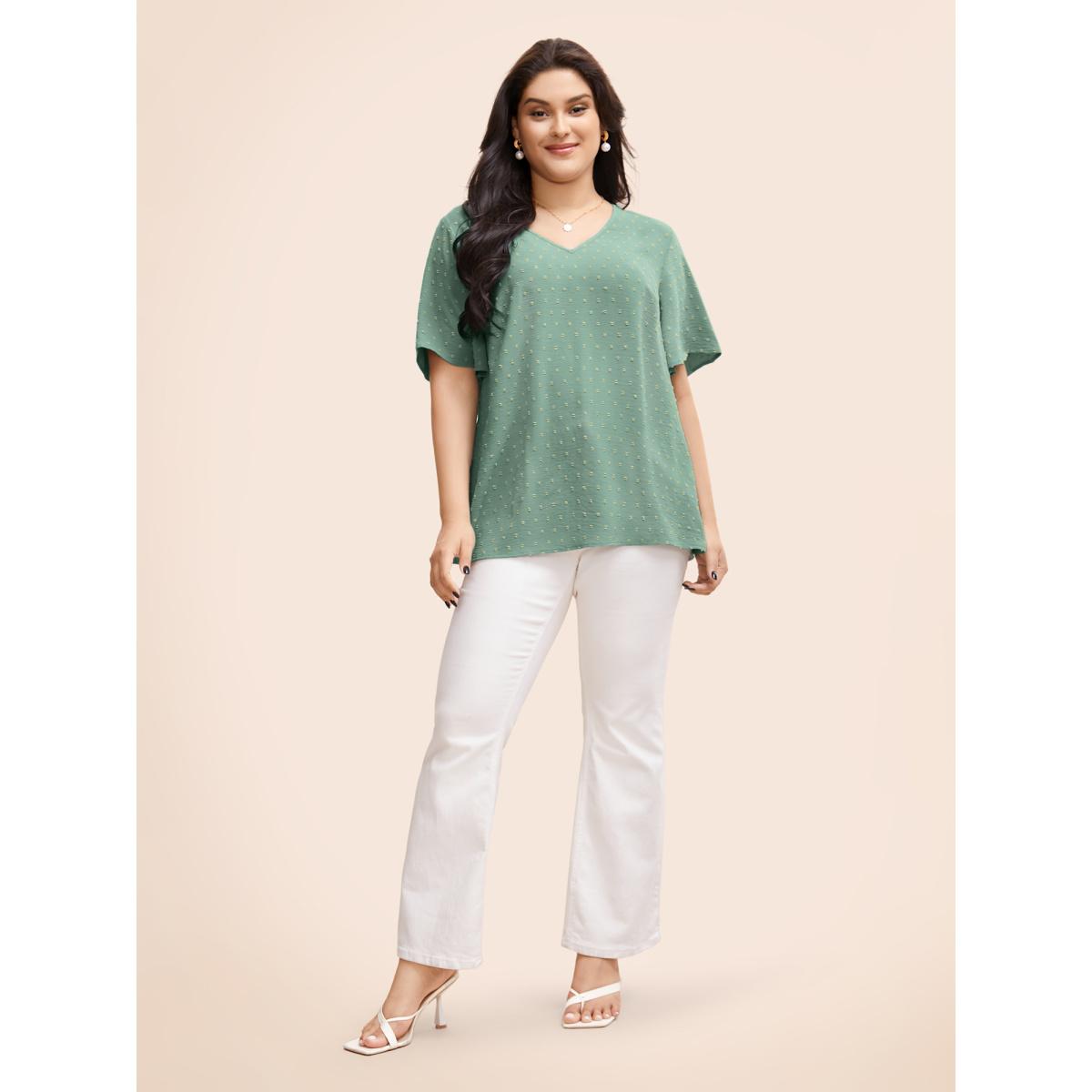 Plus Size Turquoise Polka Dot Lace Sleeve Blouse Women Elegant Short sleeve V-neck Everyday Blouses BloomChic 22-24/3X Product Image