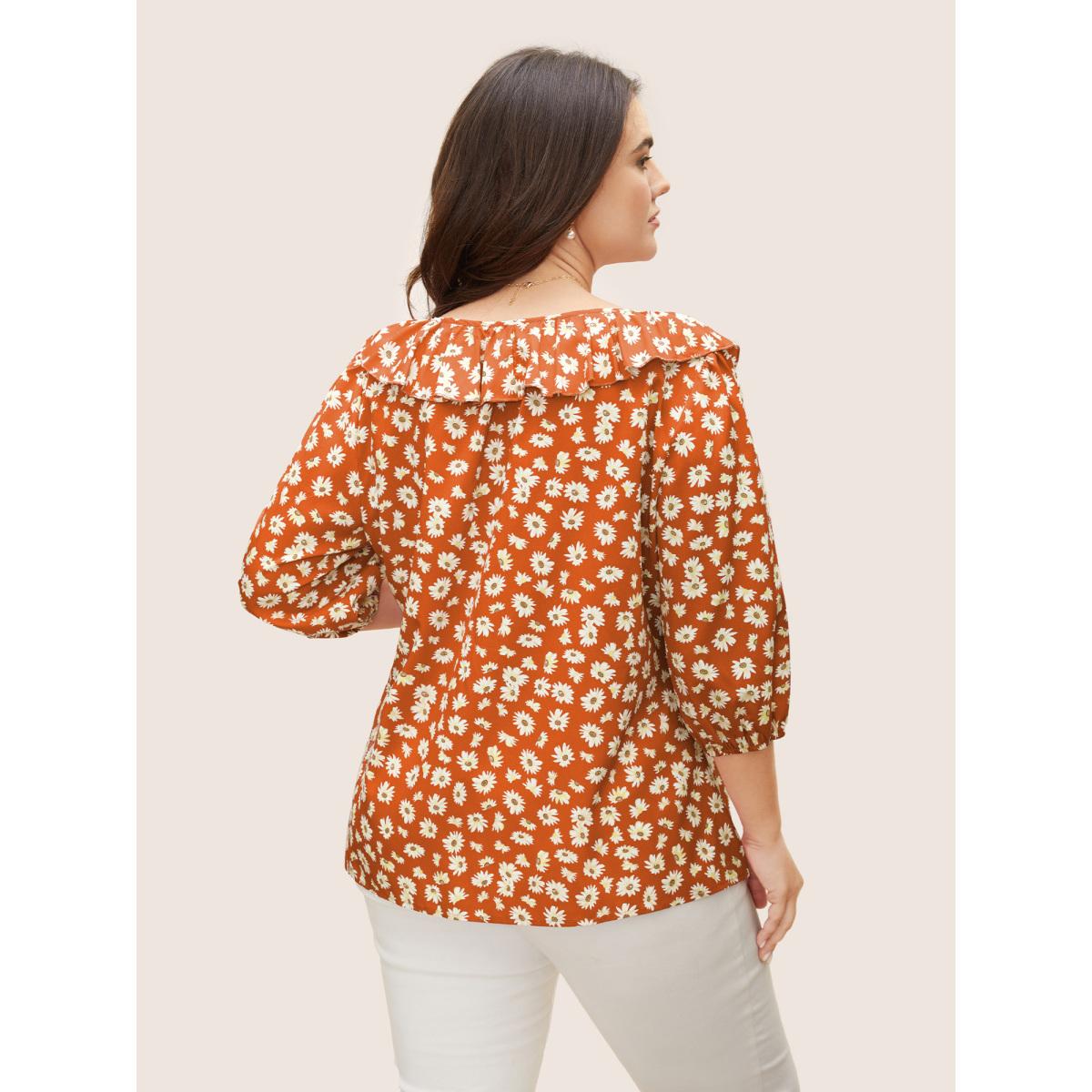 Plus Size Brightorange Daisy Patterned Ruffled Collar Blouse Women Elegant Elbow-length sleeve Square Neck Everyday Blouses BloomChic 22-24/3X Product Image