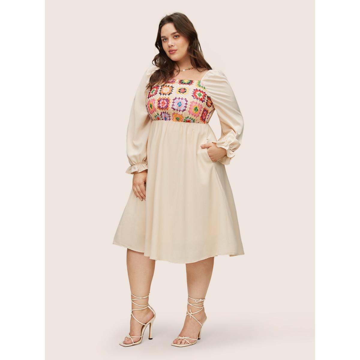 Plus Size Floral Patchwork Square Neck Gathered Dress Apricot Women Resort Texture Square Neck Long Sleeve Curvy Midi Dress BloomChic 14-16/1X Product Image