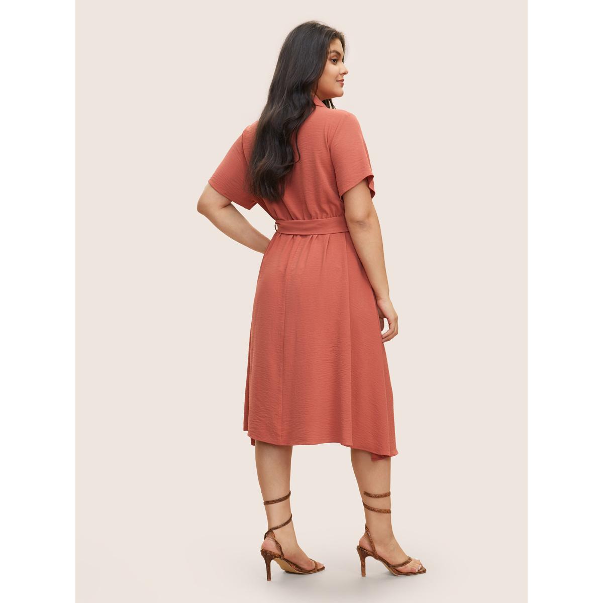 Plus Size Shirt Collar Button Through Belted Crepe Dress Rust Women At the Office Non Shirt collar Short sleeve Curvy Midi Dress BloomChic 12/L Product Image