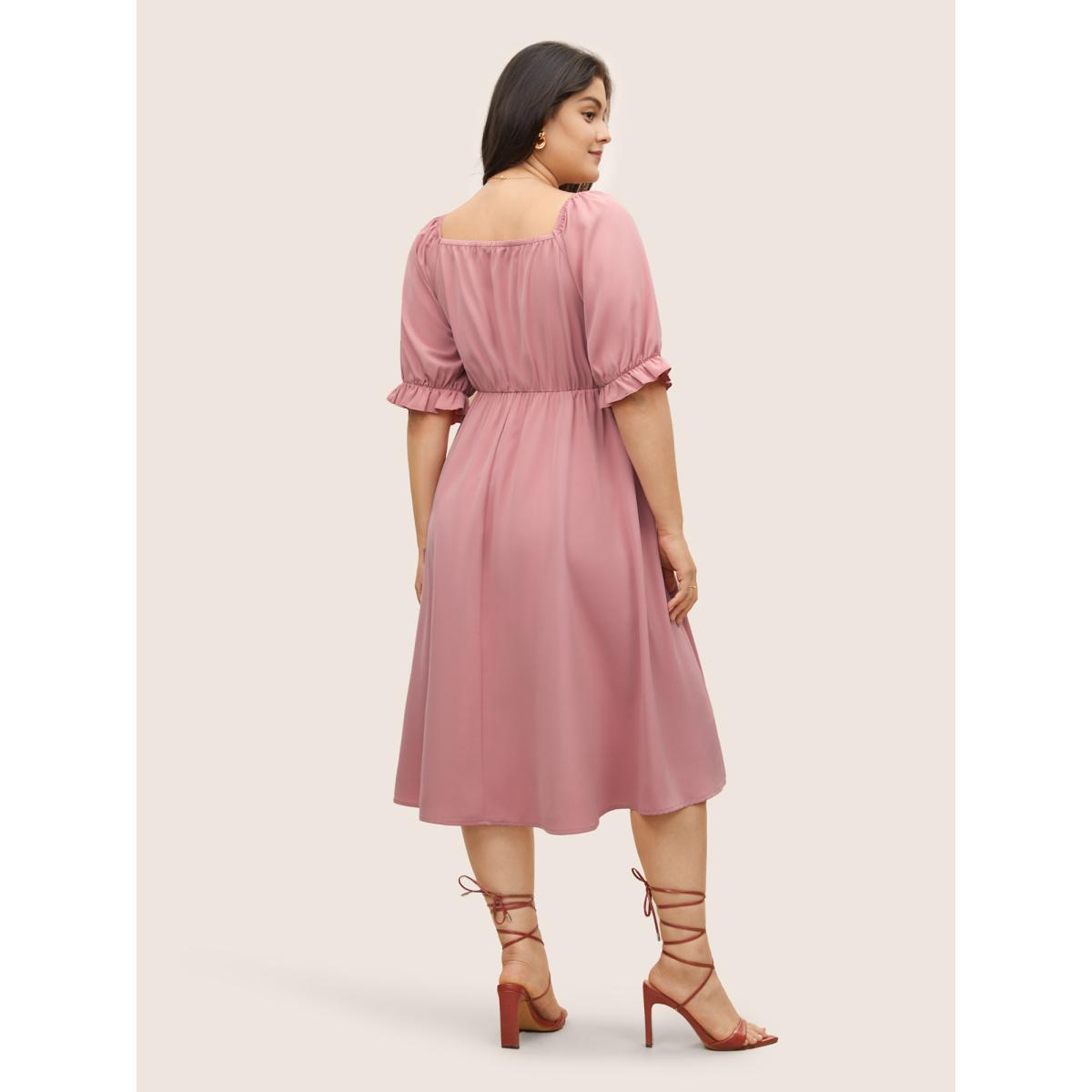 Plus Size Square Neck Shirred Elastic Waist Ties Dress Watermelon Women Elegant Non Square Neck Short sleeve Curvy Midi Dress BloomChic 12/L Product Image