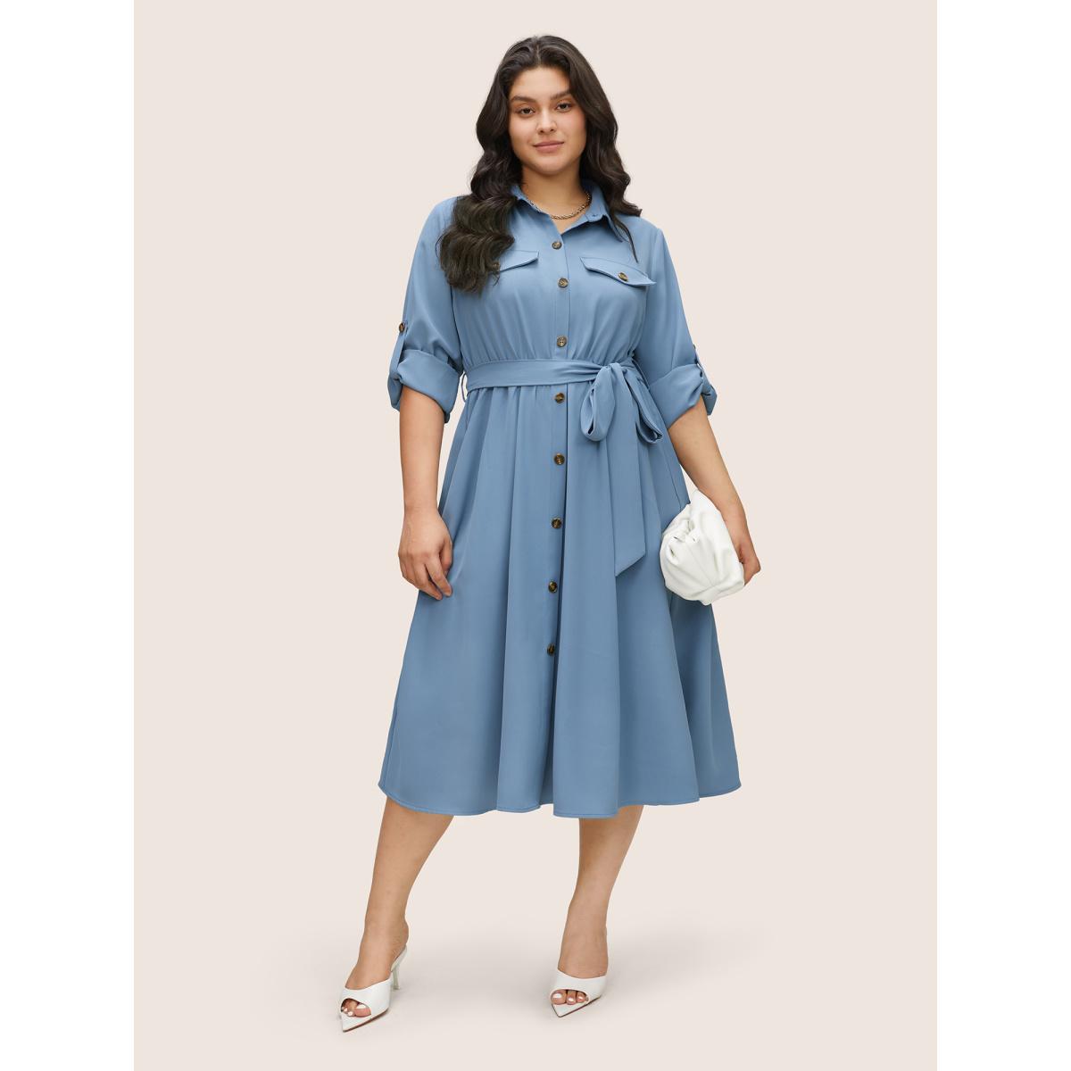 Plus Size Static-Free Solid Flap Detail Tab Sleeve Dress Stone Women Work From Home Non Shirt collar Long Sleeve Curvy Midi Dress BloomChic 28/5X Product Image