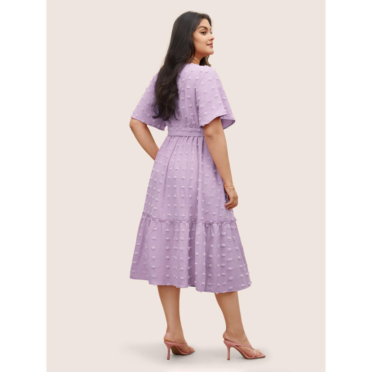 Plus Size Solid Textured Patchwork Frill Trim Belted Dress Lilac Women Elegant Non Round Neck Short sleeve Curvy Midi Dress BloomChic 12/L Product Image