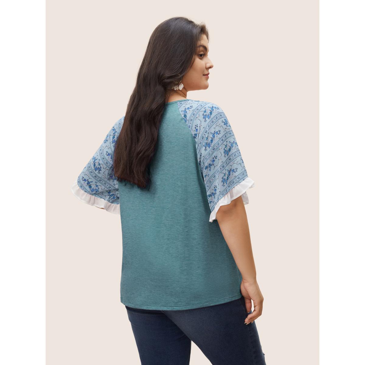 Plus Size Ditsy Floral Patchwork Frill Trim Raglan Sleeve T-shirt Cerulean Women Elegant Contrast Ditsy Floral V-neck Everyday T-shirts BloomChic 10/M Product Image