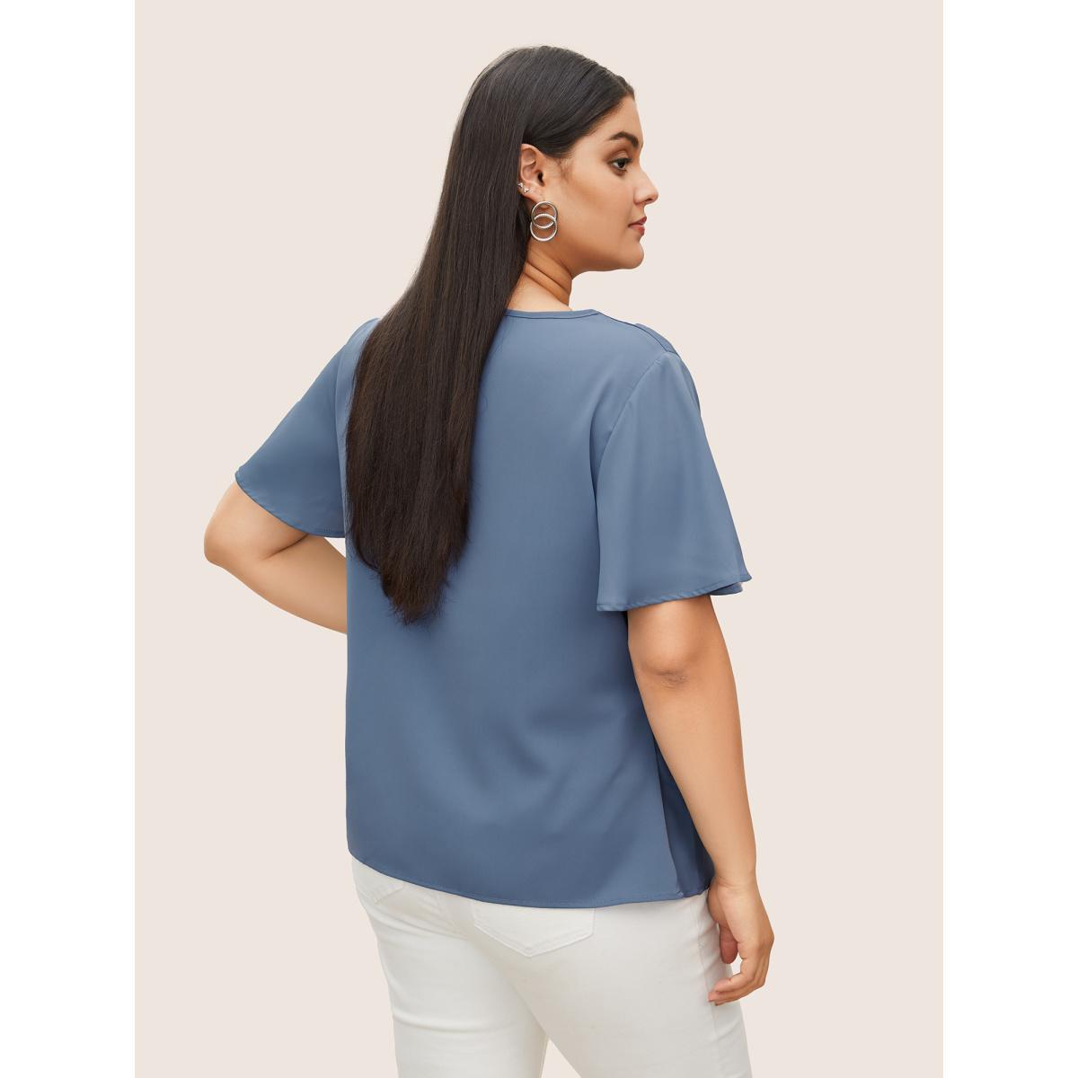 Plus Size Stone Plain Cowl Neck Ruffle Sleeve Blouse Women Work From Home Short sleeve Cowl Neck Work Blouses BloomChic 18-20/2X Product Image