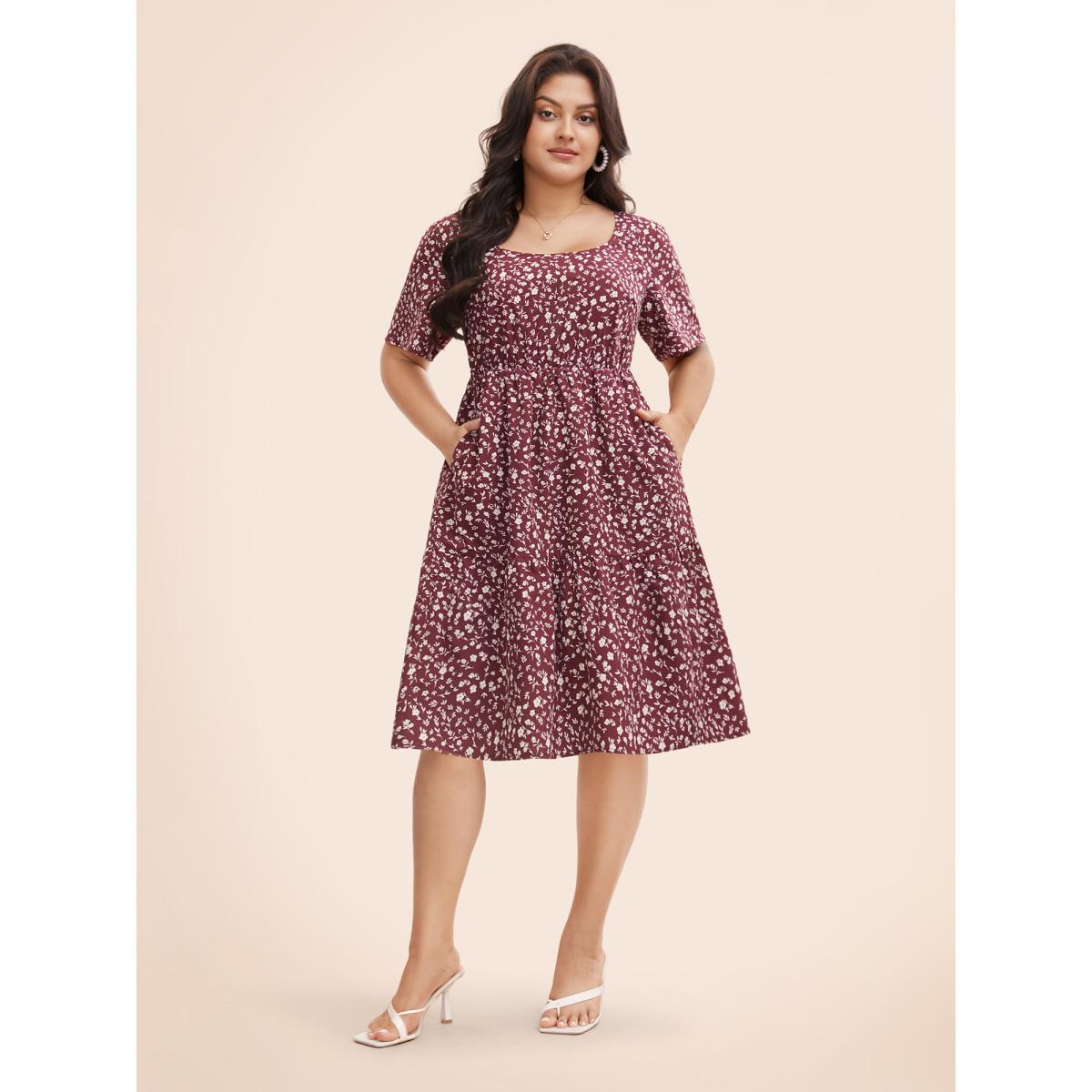 Plus Size Ditsy Floral U Neck Ruffle Sleeve Dress Burgundy Women Elegant Non U-neck Short sleeve Curvy BloomChic 10/M Product Image