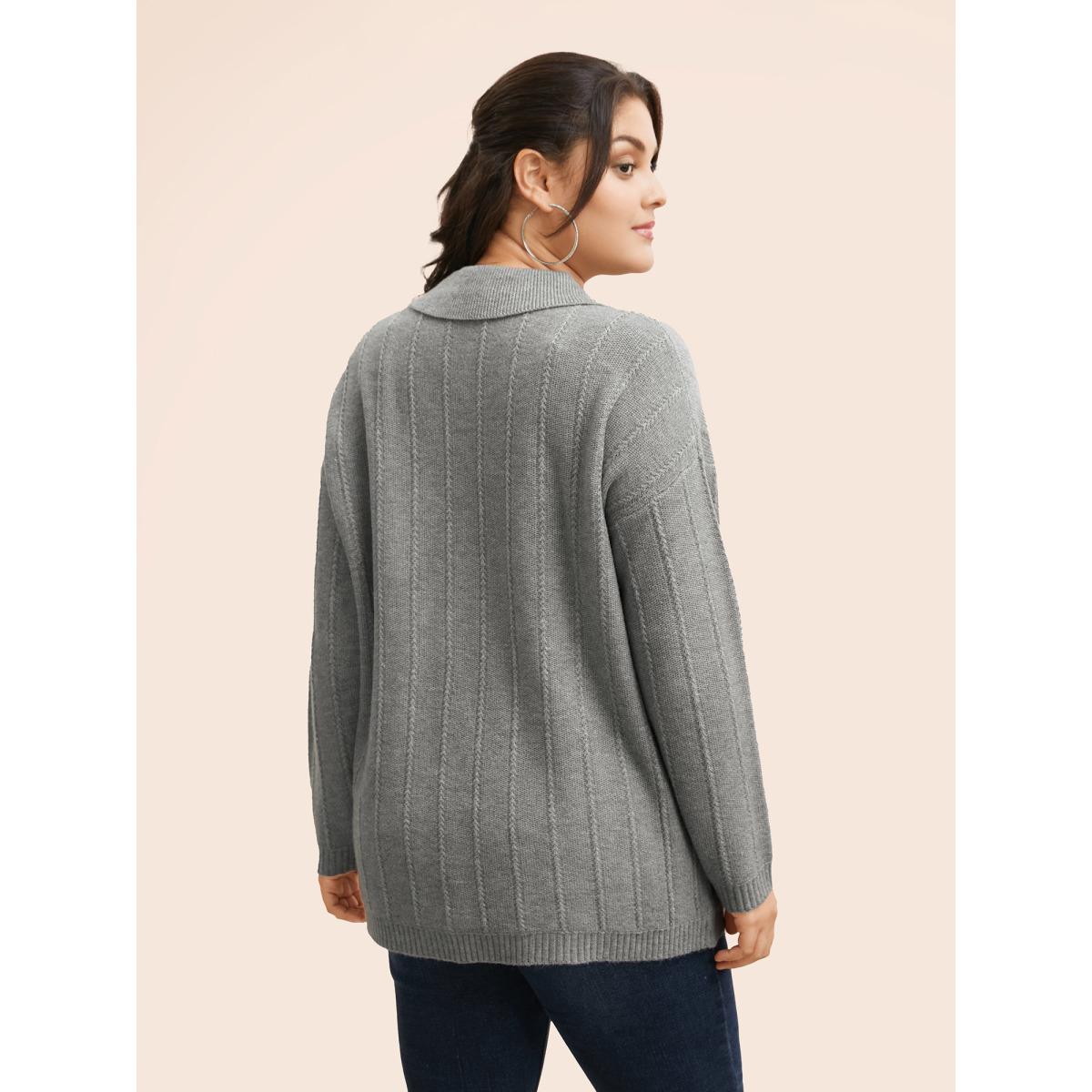 Plus Size Plain Textured Polo Neck Pocket Cardigan Mediumgray Women Casual Loose Long Sleeve Everyday Cardigans BloomChic 14-16/1X Product Image