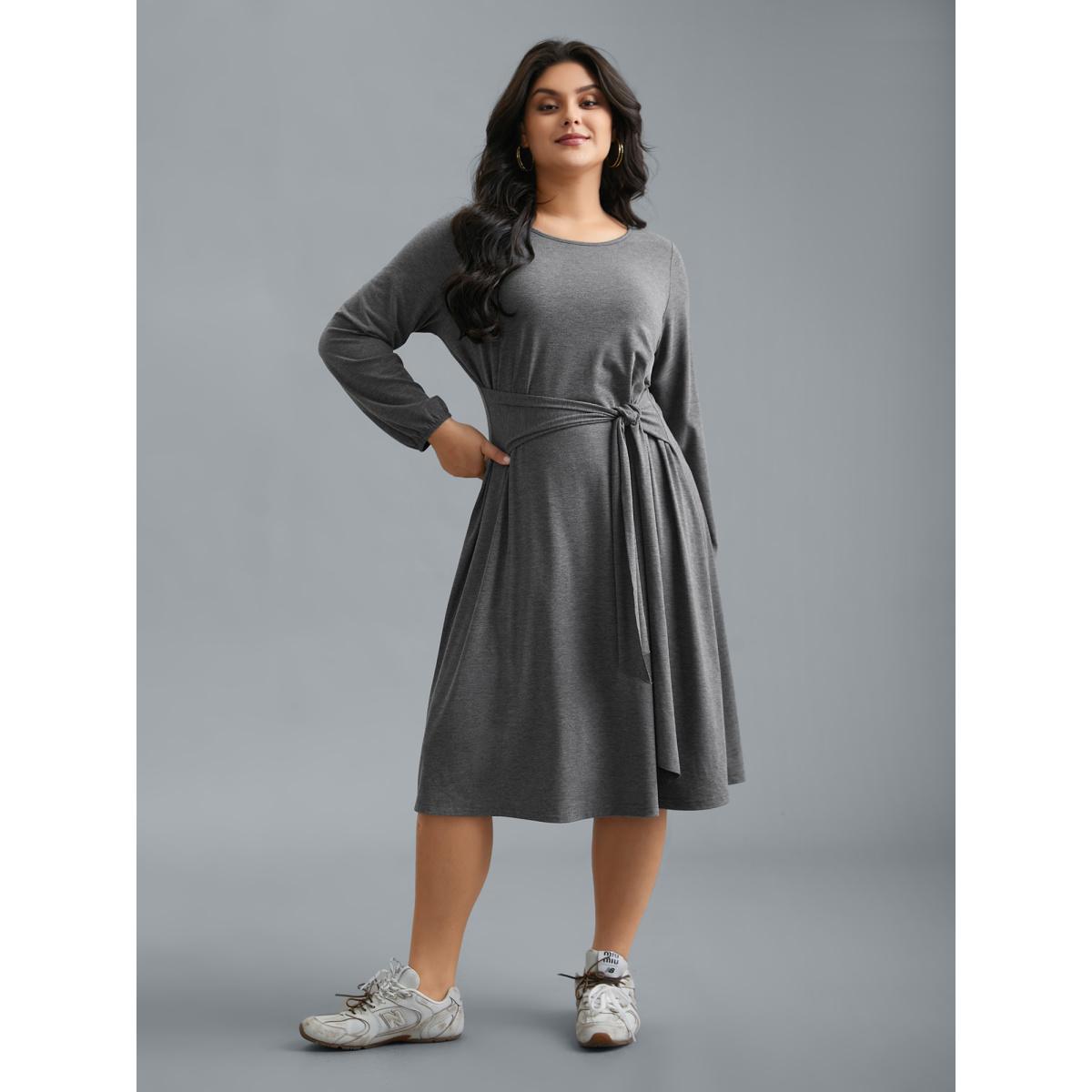 Plus Size Stretchy Waist-Tie Plain Knit Dress DimGray Women Casual Tie knot Knit Dresses Bloomchic 22-24/3X Product Image