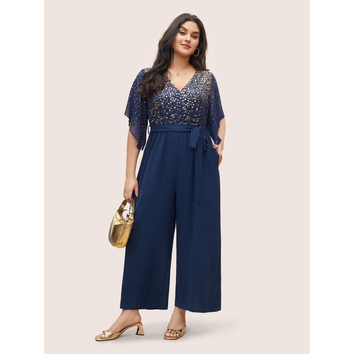 Plus Size DarkBlue Glitter Overlap Collar Mesh Flutter Sleeve Jumpsuit Women Cocktail Half Sleeve Overlap Collar Party Loose Jumpsuits BloomChic 14-16/1X Product Image