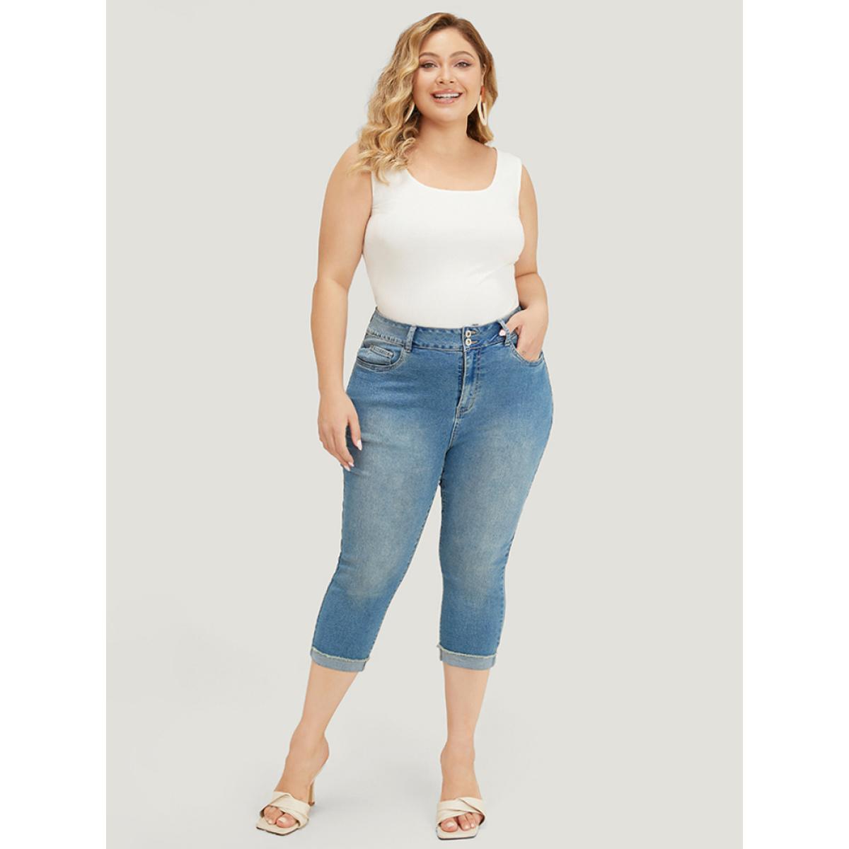 Plus Size Very Stretchy High Rise Medium Wash Roll Hem Cropped Jeans Women Cerulean Casual Plain High stretch Pocket Jeans BloomChic 24/3X Product Image