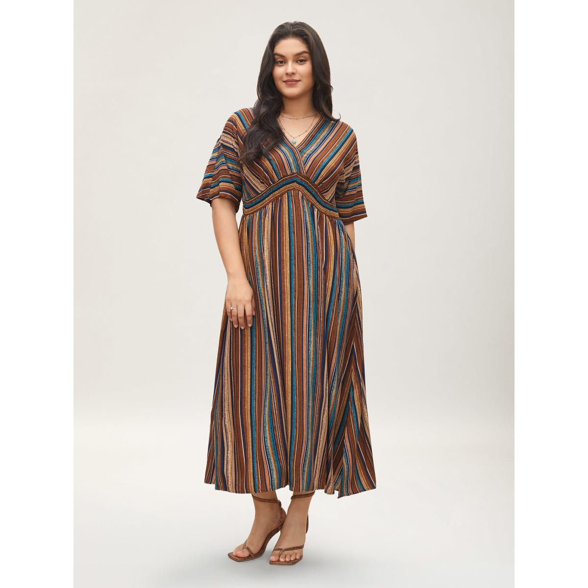 Plus Size Striped Contrast Dolman Sleeve Shirred Pocket Split Flutter Dress Multicolor Women Boho Non V-neck Half Sleeve Curvy BloomChic 12/L Product Image