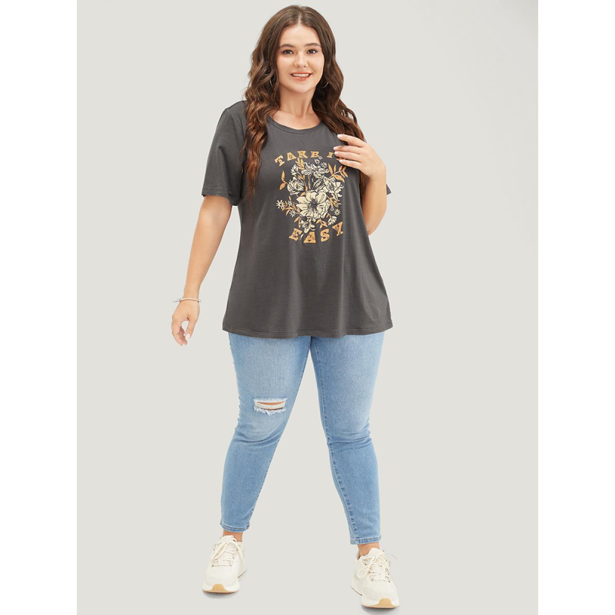 Plus Size Letter & Floral Print Crew Neck T-shirt DimGray Women Casual Natural Flowers Dailywear T-shirts BloomChic 28/5X Product Image