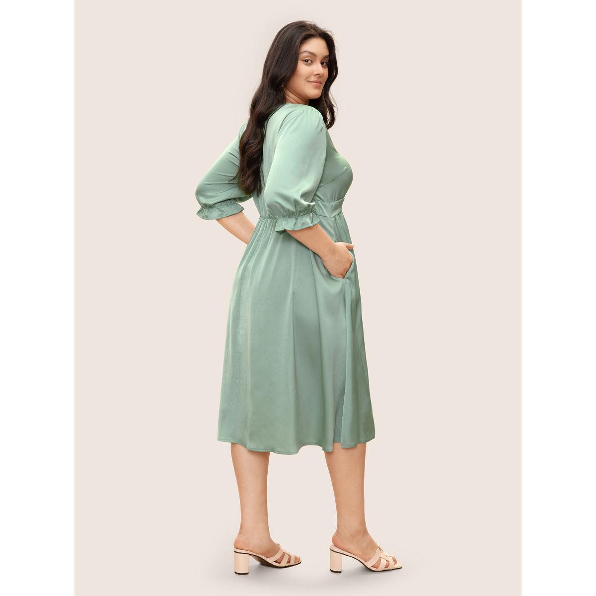 Plus Size Plain Ruffles Button Detail Split Front Satin Dress Turquoise Women Elegant Non V-neck Elbow-length sleeve Curvy Midi Dress BloomChic 28/5X Product Image