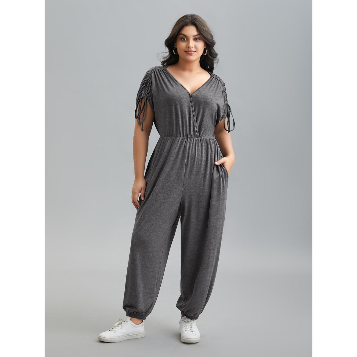 Plus Size DimGray Surplice Neck Drawstring Stretch Jumpsuit Women Casual Short sleeve Overlap Collar Everyday Loose Jumpsuits BloomChic 14-16/1X Product Image
