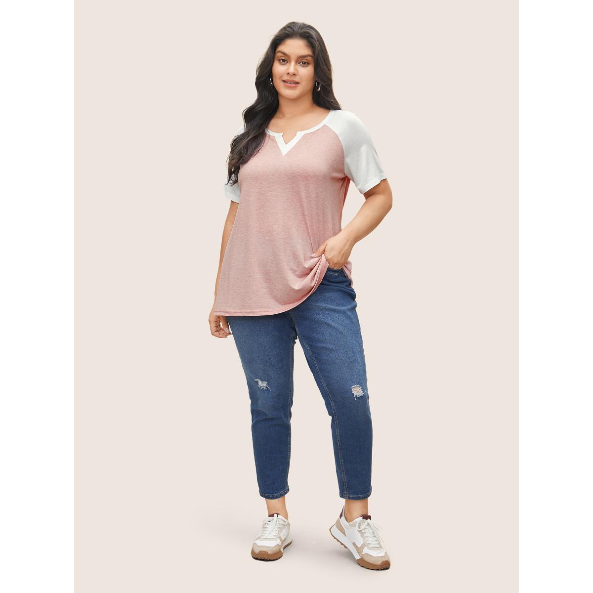 Plus Size Colorblock Contrast Notched Raglan Sleeve T-shirt Crepe Women Leisure Plain Casual T-shirts BloomChic 12/L Product Image