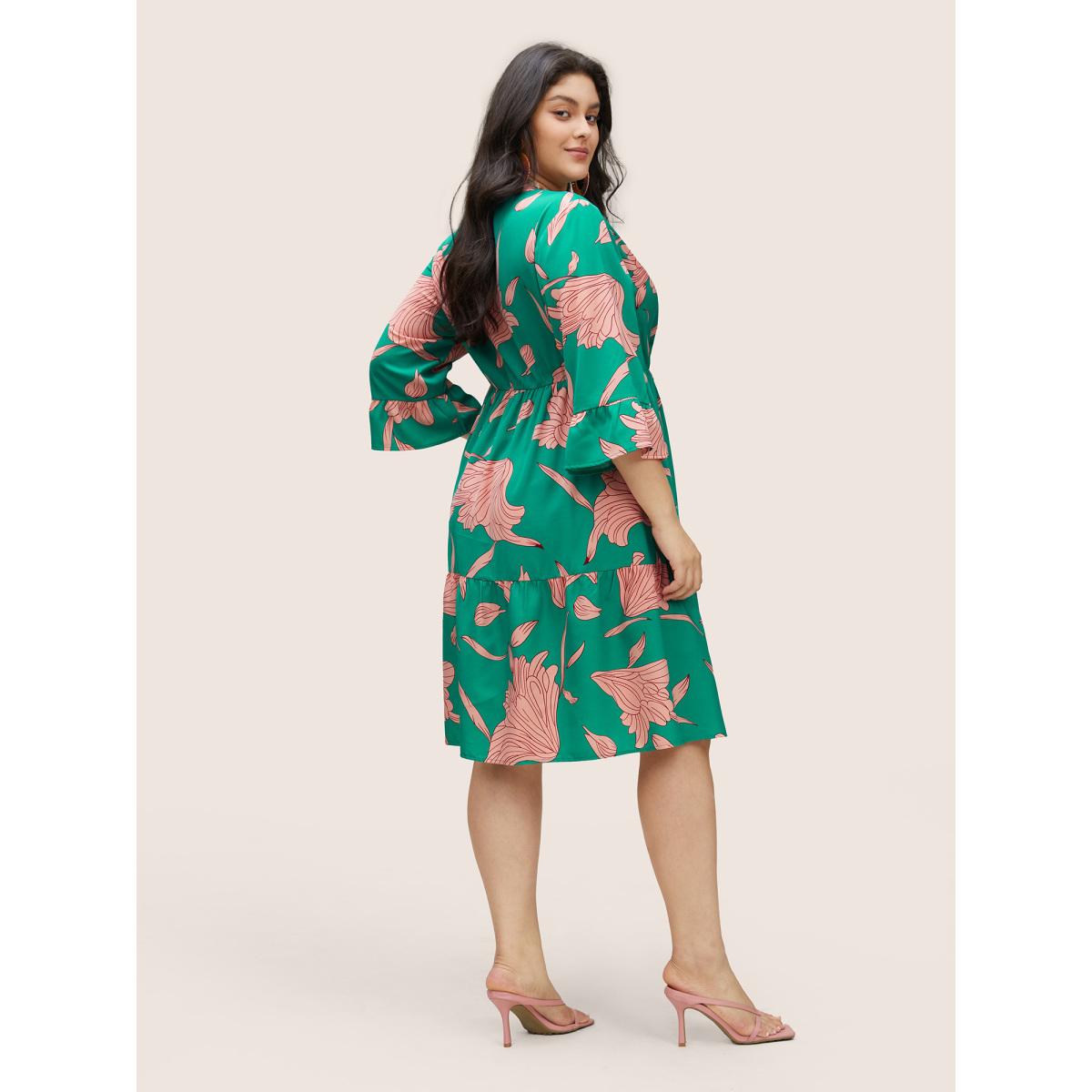 Plus Size Floral Notched Button Up Patchwork Ruffles Dress Green Women Elegant Non Notched collar Elbow-length sleeve Curvy Midi Dress BloomChic 26/4X Product Image
